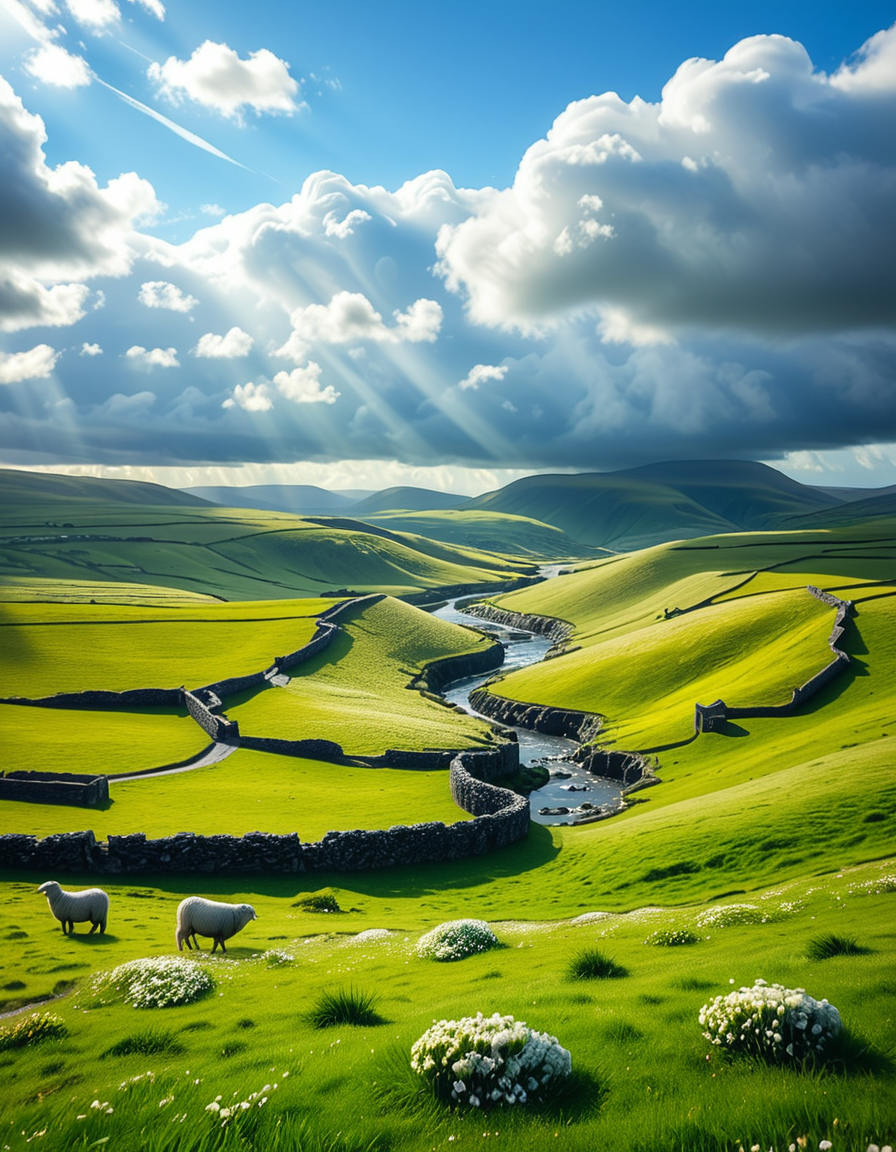 A breathtaking, high-resolution photograph of the rolling plains of Ireland, stretching endlessly under a vast, cloud-streaked sky. The landscape is a lush, vibrant green, with gentle hills covered in soft grass and dotted with scattered wildflowers. Ancient stone walls and winding dirt paths cut through the fields, marking old farmland boundaries. In the distance, a few solitary sheep graze peacefully, their white wool contrasting against the emerald grass. A small, clear river meanders through the valley, reflecting the soft light of the sky. The horizon is framed by low, misty mountains, adding depth and mystery to the scene. Above, the sky is a mix of bright blue and fluffy white clouds, casting dynamic shadows across the landscape as beams of sunlight break through. The atmosphere is serene, timeless, and rich with the natural beauty of the Irish countryside.
<lora:SDXLFaeTastic2400:0.4> <lora:extremely_detailed:0.4> extremely detailed, <lora:rolling_plains_of_1r3l4nd:1>,rolling plains of 1r3l4nd, Masterpiece,best quality,hi res,8k,hi res,8k,award winning,(sharp focus, intricate, highly detailed),