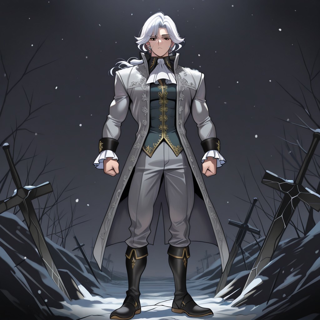 score_9, score_8_up, score_7_up, score_6_up, score_5_up, score_4_up, high quality, (handsome), (detailed eyes), (detailed face), full body, ((perfect face)), master piece, best high quality, ultra details, intricate details, male focus, detailed body, detailed background, perfect anatomy, masterpiece, high quality, best quality, amazing quality, very aesthetic,, absurdres, ((husk form)), shattered photo frame, IDV_Joseph standing in the snow, dark atmosphere, (((cracked face))), black eyes, long white hair, gray coat, suyohara_style, bara, muscular, muscular male, tight clothes ((large muscles)), (muscular), ((handsome))