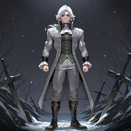 score_9, score_8_up, score_7_up, score_6_up, score_5_up, score_4_up, high quality, (handsome), (detailed eyes), (detailed face), full body, ((perfect face)), master piece, best high quality, ultra details, intricate details, male focus, detailed body, detailed background, perfect anatomy, masterpiece, high quality, best quality, amazing quality, very aesthetic,, absurdres, ((husk form)), shattered photo frame, IDV_Joseph standing in the snow, dark atmosphere, (((cracked face))), black eyes, long white hair, gray coat, suyohara_style, bara, muscular, muscular male, tight clothes ((large muscles)), (muscular), ((handsome))