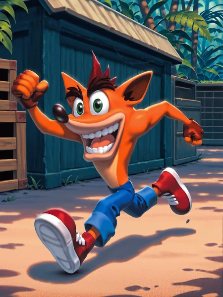 score_9, score_8_up, score_7_up, Masterpiece, Best Quality, high quality cg, masterpiece, best quality, solo male, 1boy, male focus, Crash Bandicoot, red hair, blue pants, red shoes, white shoelaces, running, jungle, box crates on ground, <lora:Crash_Bandicoot_Illustrious_Version-000091:1>,