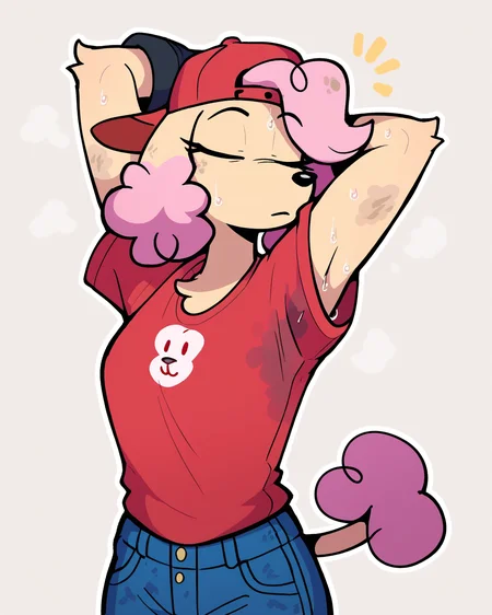 score_9_up, score_8_up, score_7_up, score_6_up, by remanedur, half-length portrait, pink highlights, furry female, poodle, female, furry, eyes closed, solo, three-quarter view, head tilt, red baseball cap, baseball cap, backwards baseball cap, gloves, standing, handwear, red shirt, sweat, arms above head, stretching, dirty, sweaty armpit, red t-shirt, t-shirt, jeans, tail, simple background, white outline, <lora:Leah_Pines(AIM)_XL_v1:0.25> <lora:PDXL_artist_tags_v2_big:0.5> <lora:The-Minuscule-Task_PDXL_v1.0:0.6> <lora:Louise_aaronchenart:0.6>
