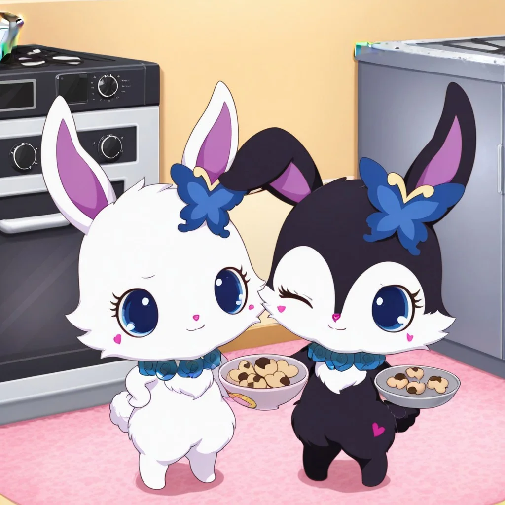 score_9, score_8_up, score_7_up, score_6_up, score_5_up,
best quality, masterpiece, smirks, Full Body, Romantic, Small Body, Furry, looking_pleasured, duo, female/female, 2girls, kitchen, chefs hat, chefs shirt, chefs skirt, rubyjp, no humans, rabbit, chibi, furry, hair ornament, necklace, jewelry, chest fur, white fur, chef outfit, mixing cookie mix, large bowl, luea, feral, blue eyes, rabbit, furry, rabbit ears, black fur, purple inner ear, white chest fur, white face, chibi, body fur, (blue butterfly hair ornament), (blue rose necklace), chef outfit, carry tray full of cookie, oven, oven door open, oven on,
