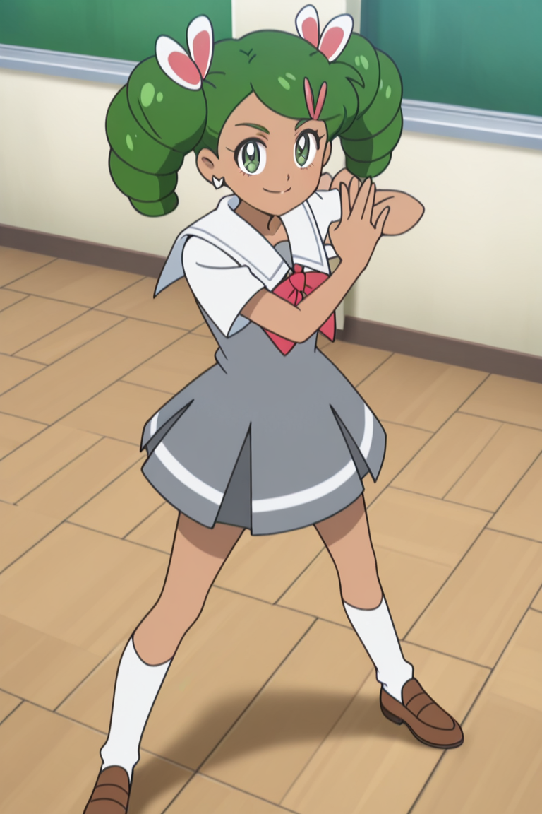 1girl, looking at viewer, smile, classroom, (sailor moon pose,:0.9) 
 <lora:mallow_scho_magi_1:1> mag3ca gir7l,mall7ow_un7form,green eyes,dark skin,dark-skinned female, green hair,twintails, curly pigtails,hair clips,gray school uniform,sailor collar, red scarf,white socks, brown shoes,, masterpiece, high quality, absurdres, best quality, very aesthetic, newest,