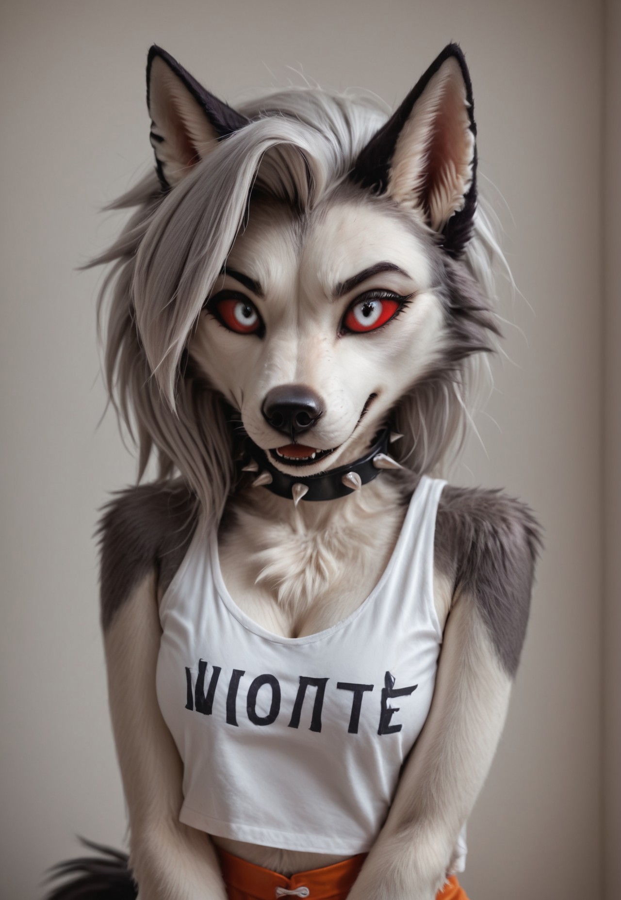 safe_pos, loona, helluva_boss, furry, anthro, tail, dog girl, wolf girl, animal nose, dog tail, furry female, wolf tail, furry, two-tone fur, gray fur, absurd res, sharp focus, <lora:more_details:1.0> detailed background, detailed skin, detailed hair, extremely detailed, ultra 8k quality, flat color, dark theme, Hyperrealistic, photorealistic, realistic, ultrarealistic, high definition, detailed fur, highres, super high resolution, 8k, White eyes, red sclera, high definition eyes, detailed eyes, high gradient eyes, canine teeth, short hair, 

spiked collar, resturant

score_9, score_8_up, score_7_up, 1girl, 

employee uniform, short shorts, orange shorts, tank top, white shirt, cleavage,HootersUniform,,
