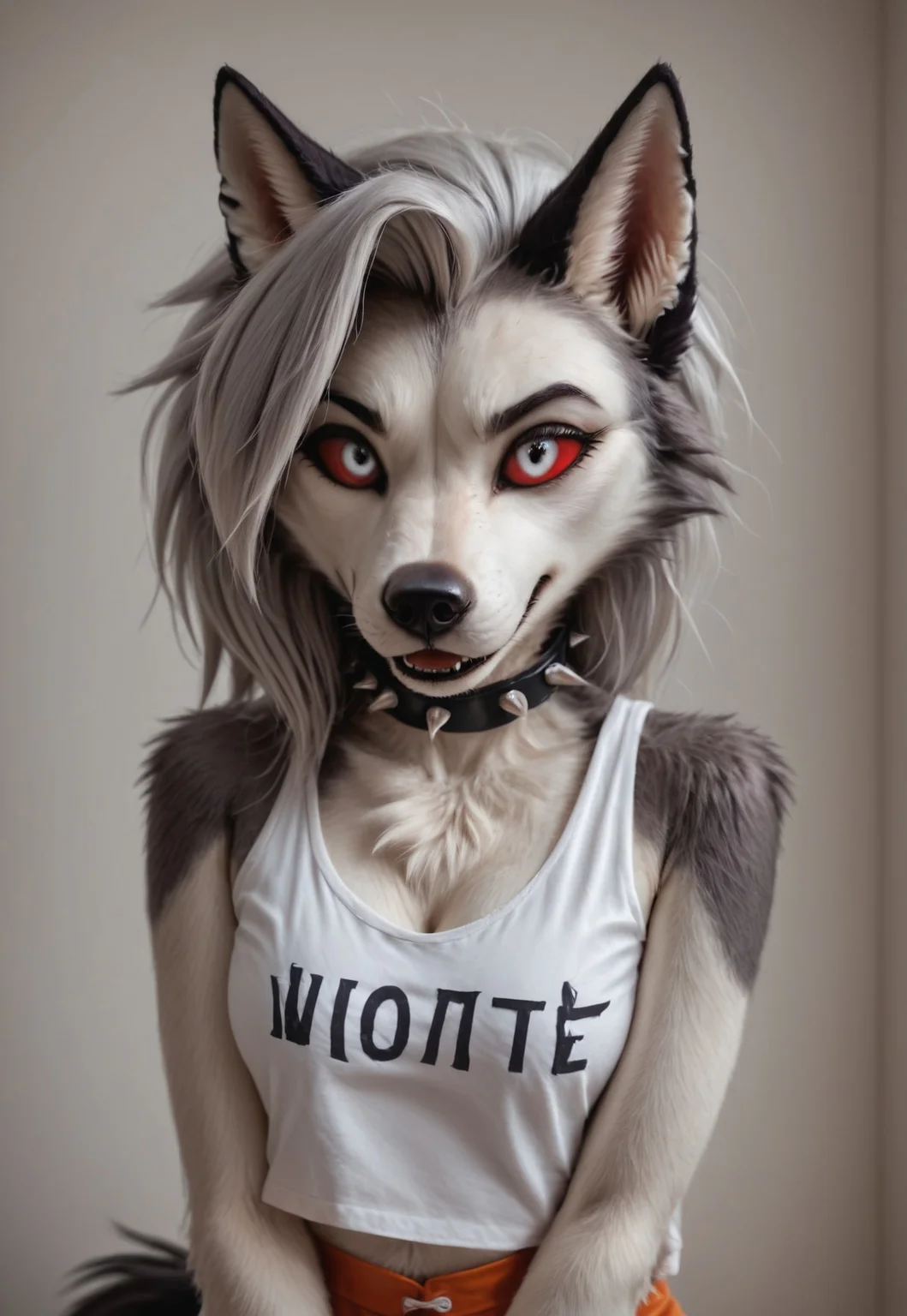 safe_pos, loona, helluva_boss, furry, anthro, tail, dog girl, wolf girl, animal nose, dog tail, furry female, wolf tail, furry, two-tone fur, gray fur, absurd res, sharp focus, <lora:more_details:1.0> detailed background, detailed skin, detailed hair, extremely detailed, ultra 8k quality, flat color, dark theme, Hyperrealistic, photorealistic, realistic, ultrarealistic, high definition, detailed fur, highres, super high resolution, 8k, White eyes, red sclera, high definition eyes, detailed eyes, high gradient eyes, canine teeth, short hair,
spiked collar, resturant
score_9, score_8_up, score_7_up, 1girl,
employee uniform, short shorts, orange shorts, tank top, white shirt, cleavage,HootersUniform,,