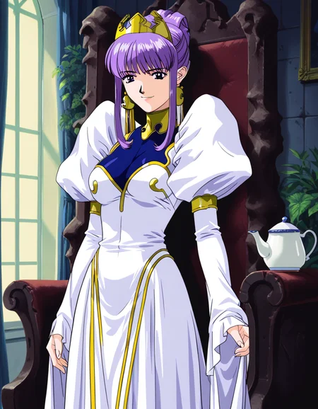 score_9,  score_8_up, score_7_up julietta, purple eyes, crown, white dress, puffy sleeves,
1girl, tea, standing, cowboy shot, throne room, confident, smile,
<lora:julietta-ponyxl-000053:0.75> retro artstyle