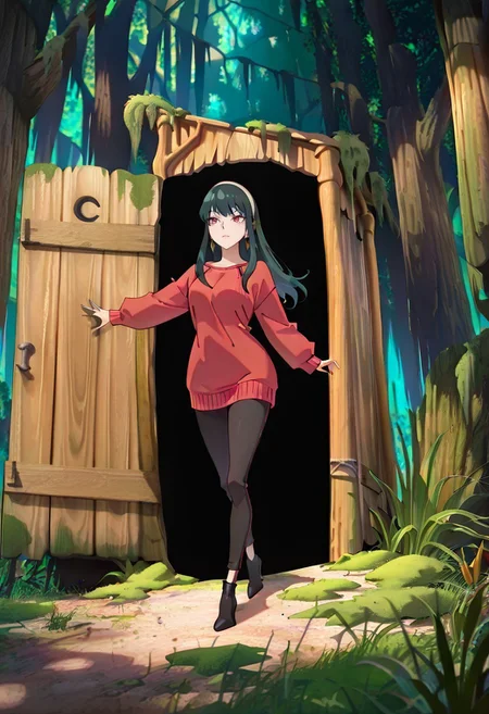 masterpiece, best quality, newest, absurdres, highres, anime, anime style, Shrek's-Outhouse-IL.V1.1, outdoors, moss, plant, nature, forest, Outhouse-open door, opening door, 1girl, yor_forger, spy_x_family, black_hair, red_eyes, red sweater