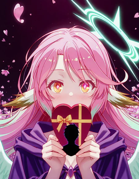 recent, highres, masterpiece, 1girl, face, portrait, looking at viewer,
masterpiece,best quality,amazing quality,very aesthetic,absurdres,newest,detailed eyes,
face focus, upper body view, dynamic angle,
blushing, \(holding a box of chocolates\), floating hair, joy,hope,
\(1boy, black male silhouette in the background\),
\(one giant square in background:1.4\), black background, abstract background, minimalistic composition, pink background details, dark, pink neon lights, light from one side, dark shadow,
bloheachij, bloheachij frame, blossoms, hearts, Jibril Ngnl, Long, rainbow-colored hair, Heterochromatic eyes: gold and blue, Feathery wings, Pale skin, Elegant, flowing robes, Barefoot, Pointed ears, Halo-like headpiece, Youthful appearance, Slender build, nogenola