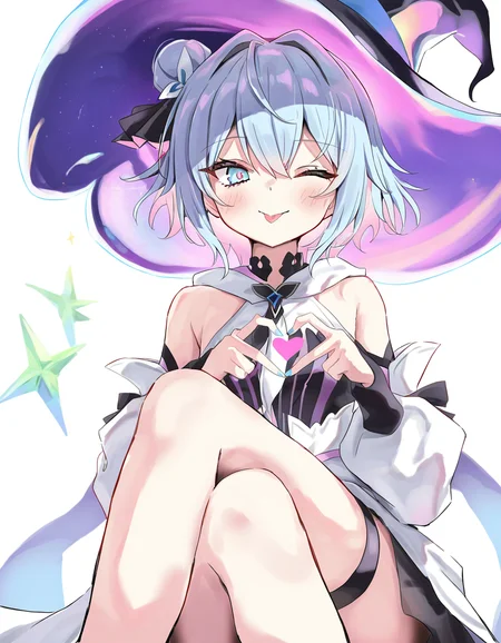 <lora:shimonv-000014:1>,1girl,solo,simple background,white background,looking at viewer,cowboy shot,heart hands,one eye closed,looking down,from below,crossed_legs,sitting,tongue out,shimonv,witch hat,smile,, masterpiece, best quality, very aesthetic, absurdres,newest, incredibly absurdres,, toshizou \(0714\)
