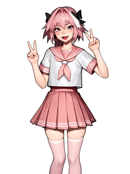 score_9, score_8_up, score_7_up, score_6_up, score_5_up, score_4_up, rating_safe
BREAK
astolfo \(fate\), otoko no ko, pink hair, braid,
BREAK
solo, standing, flat chest, pink serafuku, white shirt, pink thighhighs, pink skirt, peace sign,
BREAK
white background, <lora:Lunas-ToxxyT-SDXL-A1:1>