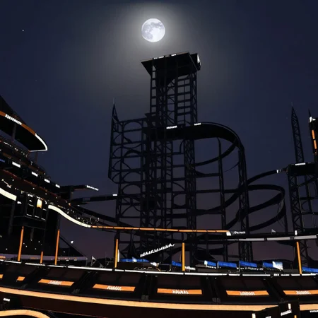 lazympos, trackmania, realistic, trackmania, scenery, building, megastructure, night, sky, full moon