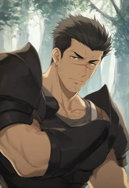 1boy, GridHalf, (scar on face), scar over nose, facial hair, earring, black armor, score_8_up, score_7_up, score_6_up, score_9_up, face_focus, a muscular male soldier stand at forest, fantasy, ancient ,medieval, short hair, hairy, muscular, centered, looking at viewer,  8k uhd, high quality,