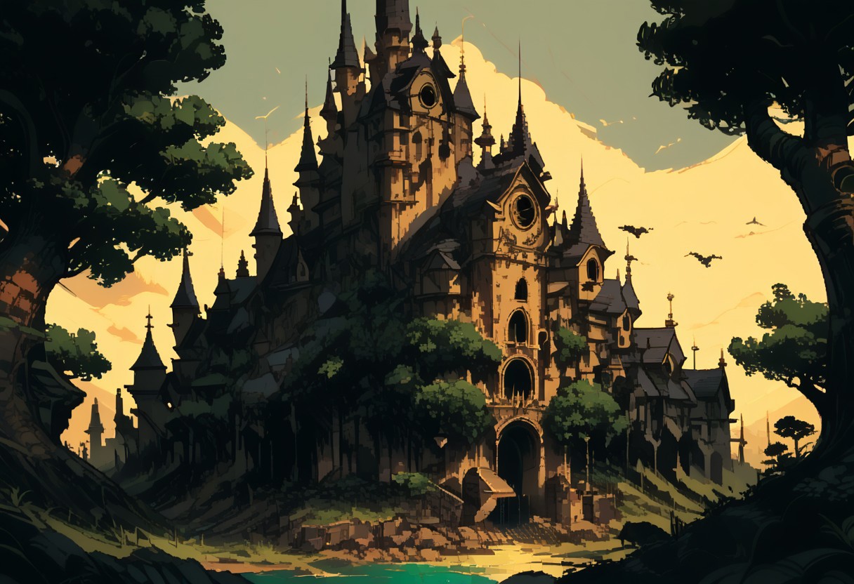 score_9, score_8_up, score_7_up, score_6_up, SFW, <lora:d3p1x3lXLP:1> d3p1x3l, PRSNL_3_1, pixel art, scenery, detailed castle, seen through trees,