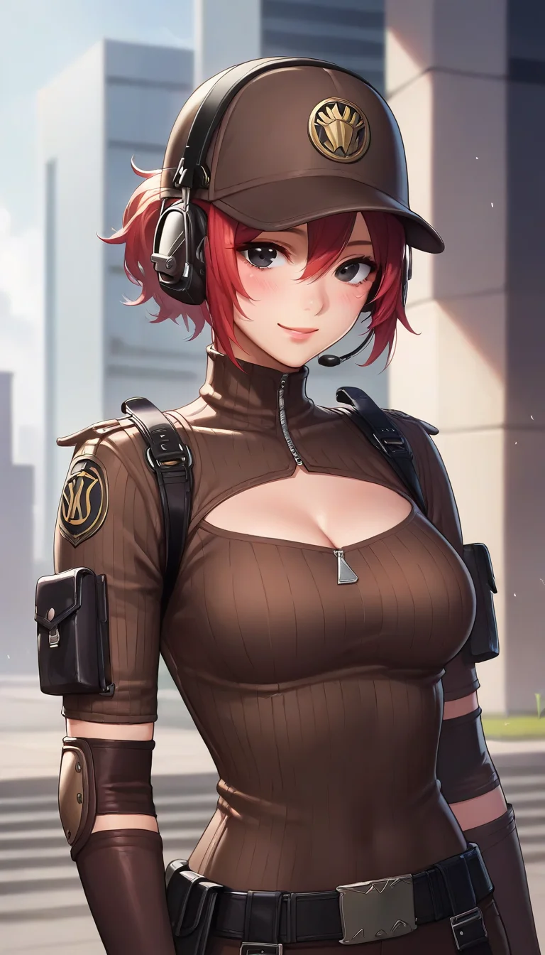 score_9,score_8_up,score_7_up,score_6_up BREAK official art,anime coloring,solo,outdoors,upper body,(portrait:1.5),looking at viewer,facing viewer,smile,blush,MaQue,baseball cap,brown cap,headset,red hair,short hair,parted bangs,hair between eyes,black eyes,lips,police uniform,brown bodysuit,cleavage cutout,open-chest sweater,ribbed sweater,brown sweater,brown gloves,elbow gloves,fingerless gloves,elbow pads,medium breasts,belt,brown pants,thigh holster,knee pads,brown footwear,boots,<lora:MaQue(cf)-Pony:1.2>,