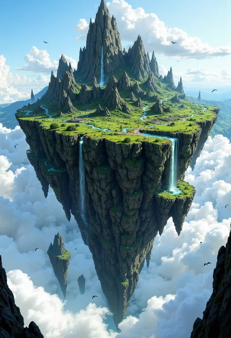 A  floating island landscape. The island is massive, with lush green terrain and jagged mountain peaks. Waterfalls cascade from the edges, creating a misty atmosphere as they descend into the clouds below. The sky is filled with fluffy white clouds, and the sunlight casts a serene glow over the scene. The island appears to be suspended in the sky, surrounded by a vast expanse of blue. Birds are seen flying around the island, adding a sense of scale and movement to the composition. The overall color palette is dominated by greens, blues, and whites, creating a tranquil and otherworldly ambiance.