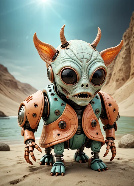 A RAW photograph, of an evil robotic alien. [fine lines, faded freckles] , highly detailed skin, moist lips, [long eyelashes] , [clear separation between lips and teeth] . [subtle expression of joyful excitement] , cinematic flair, (absolute realism) vivid color and contrast. . magnificent, celestial, evil, cinematic, epic, majestic, magical, fantasy photography, cover art, gritty and realistic
 <lora:sss:0.8> <lora:fx-monsters-XL:0.35> <lora:Happy_World:0.6> , subsurface scattering, Photorealistic, Hyperrealistic, analog style, realistic, film photography, soft lighting, heavy shadow