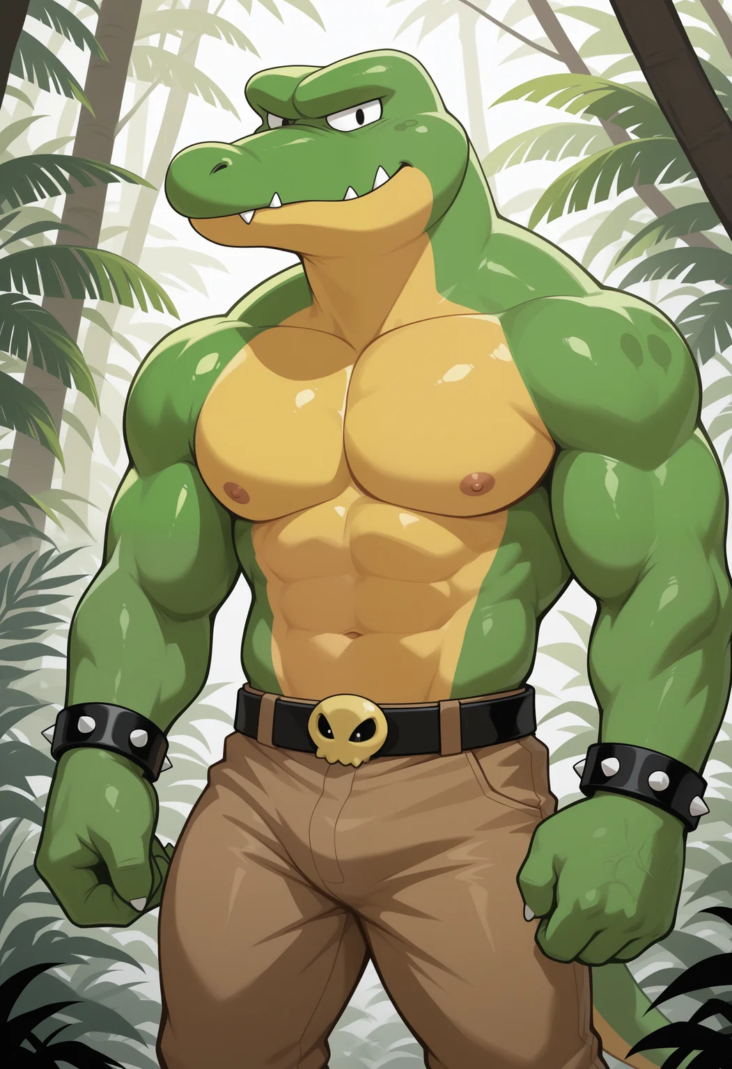 masterpiece,best quality, amazing quality, 1boy, solo, kr1tt3r, gator boy, black eyes, green skin, brown pants, spiked bracelets, black belt, jungle,