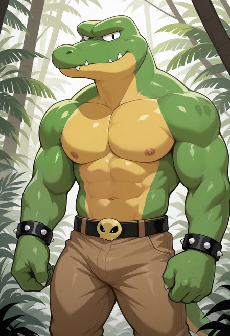 masterpiece,best quality, amazing quality, 1boy, solo, kr1tt3r, gator boy, black eyes, green skin, brown pants, spiked bracelets, black belt, jungle,