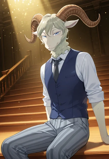 masterpiece, best quality, amazing quality, very aesthetic, absurdres, newest,  high quality, detailed, male, solo male, Pina, 1boy, mature male, male, slender build, anthro, white dall sheep, horns, animal ears, white fur, blue eyes, white collared shirt, blue vest, black tie, grey striped pants, drama club, theatre, sitting on edge of stage, smiling, looking at viewer, half lidded eyes, volumetric lighting