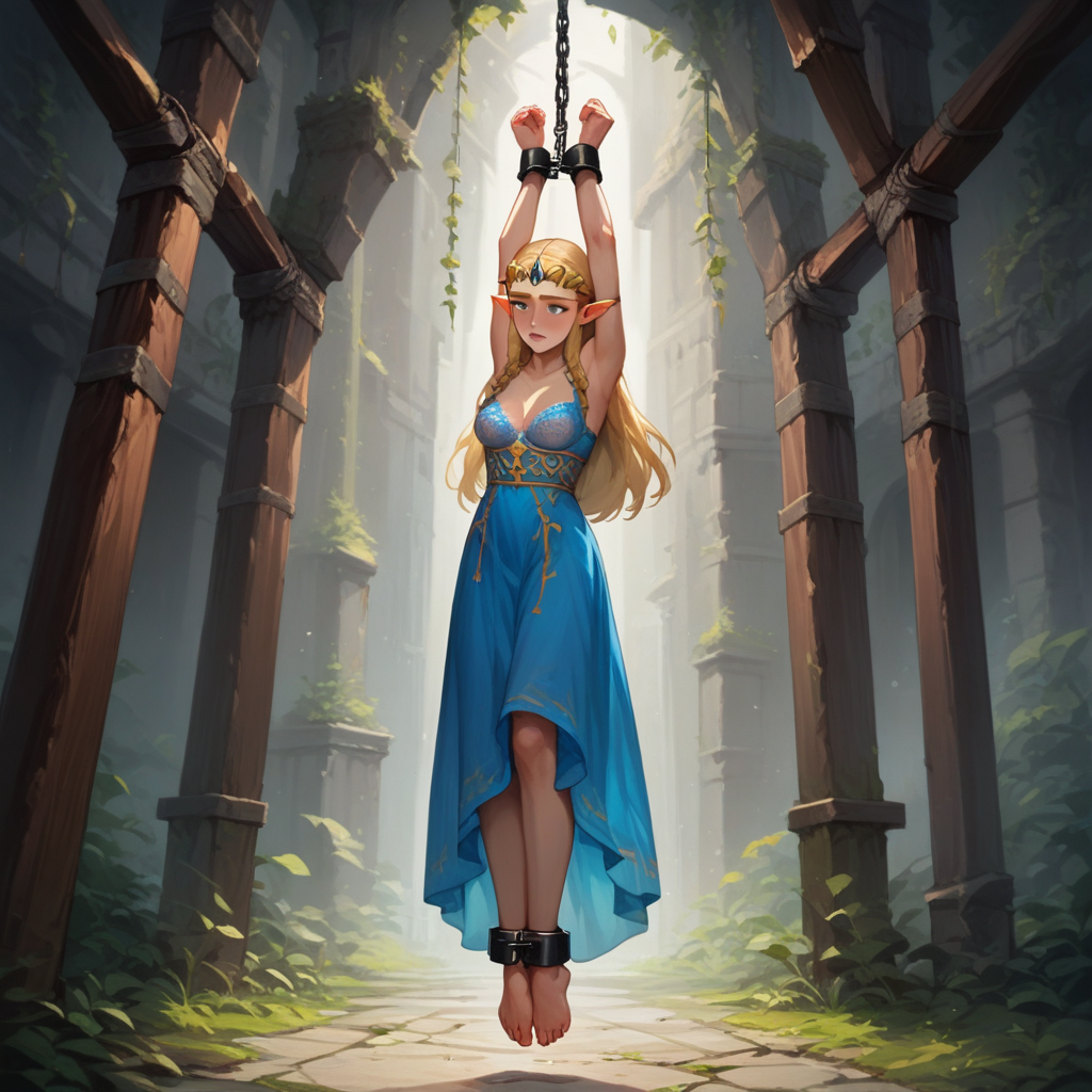 source_anime, colorful, score_9, score_8_up, score_8, (masterpiece), hanging_suspension, BREAK, 1girl, Princess Zelda, blue dress, breasts covered, lace bra, 1woman, bondage, bdsm, suspension, standing, arms_up, cuffs, bound_wrists, upright_restraints, tiptoes, feet_dangling
