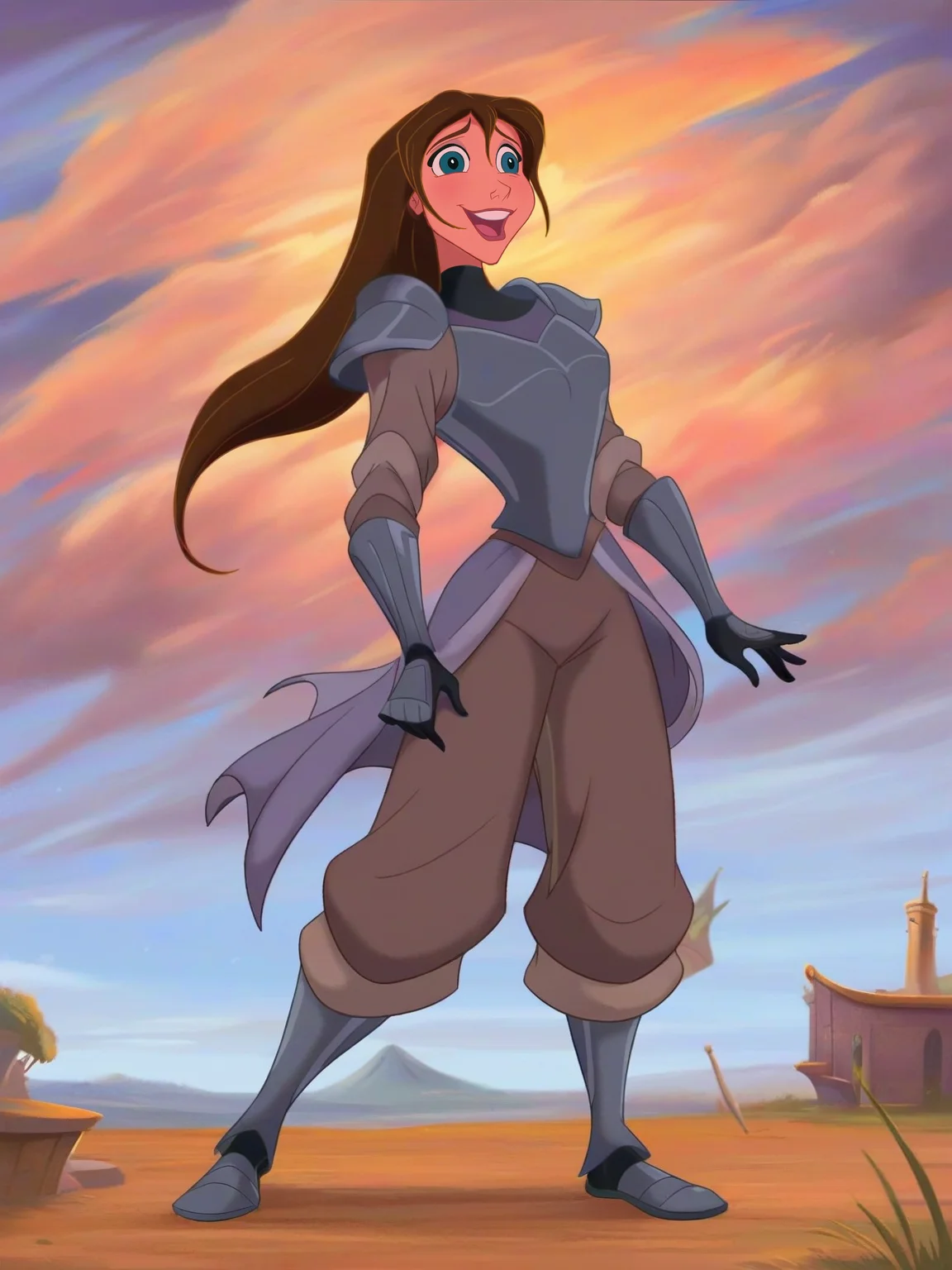 <lora:Jane_Porter:0.8>, ja_po, 1girl, brown hair, blue eyes, full body, armor knight, simple background, score_9, score_8_up, score_7_up,