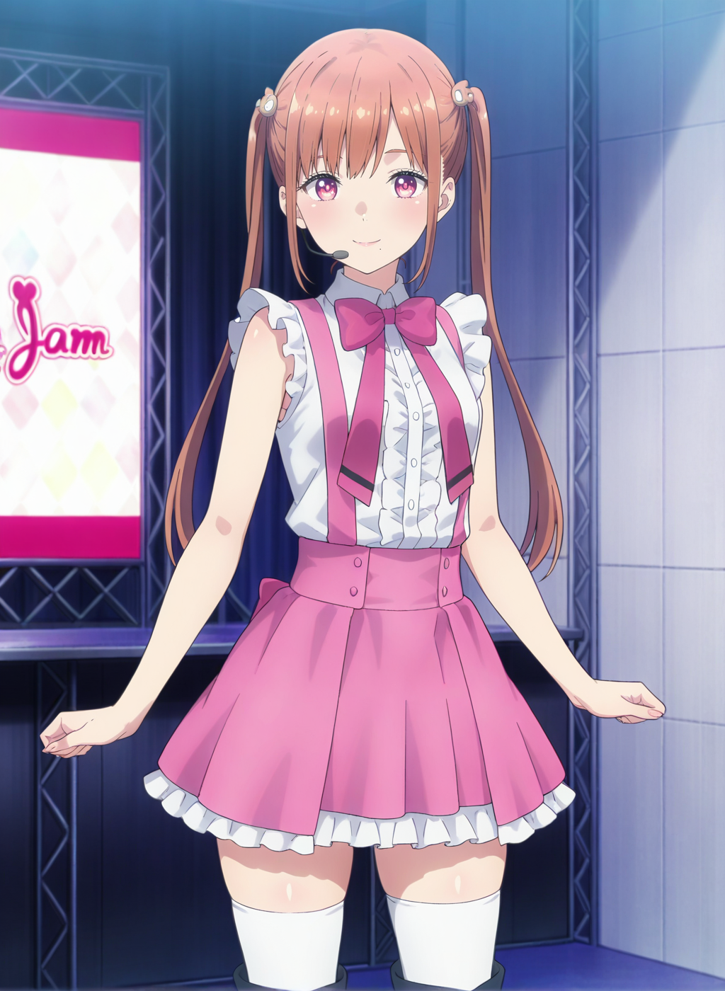 High quality,Ultra detailed,best quality,insanely detailed,beautiful,masterpiece,absurdres,very aesthetic,sensitive BREAK
1girl,solo,<lora:igarashi_reo_V1_IL:1>,(igarashi_reo, pink hair, pink eyes, long hair, twintails, mole under mouth, bangs, hair ornament, small breasts),(idol, pink bow, pink bowtie, white shirt, frills, sleeveless,suspenders,pink skirt,frilled skirt,white thighhighs,zettai ryouiki,knee boots),oshi ga budoukan itte kuretara shinu,looking_at_viewer,posing,smile,indoors,<lora:chamjam_stage_V1_IL:1>,stage,chamjam_stage,headset,