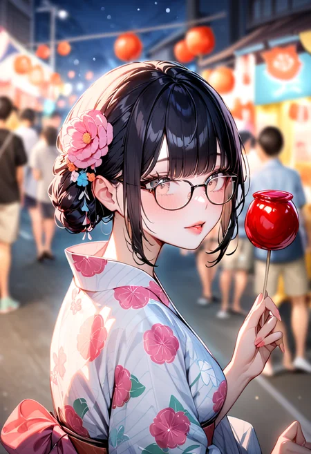 masterpiece, best quality, very aesthetic, absurdres,
ringoame, 1girl, glasses, food, black hair, yukata, floral print, candy apple, hair ornament, looking at viewer, lips, hair flower, holding food, upper body, holding, outdoors, bangs, blurry background, night, summer, paper fan, uchiwa, paper lantern, 
 <lora:ringoame_SDXL_V1:1>