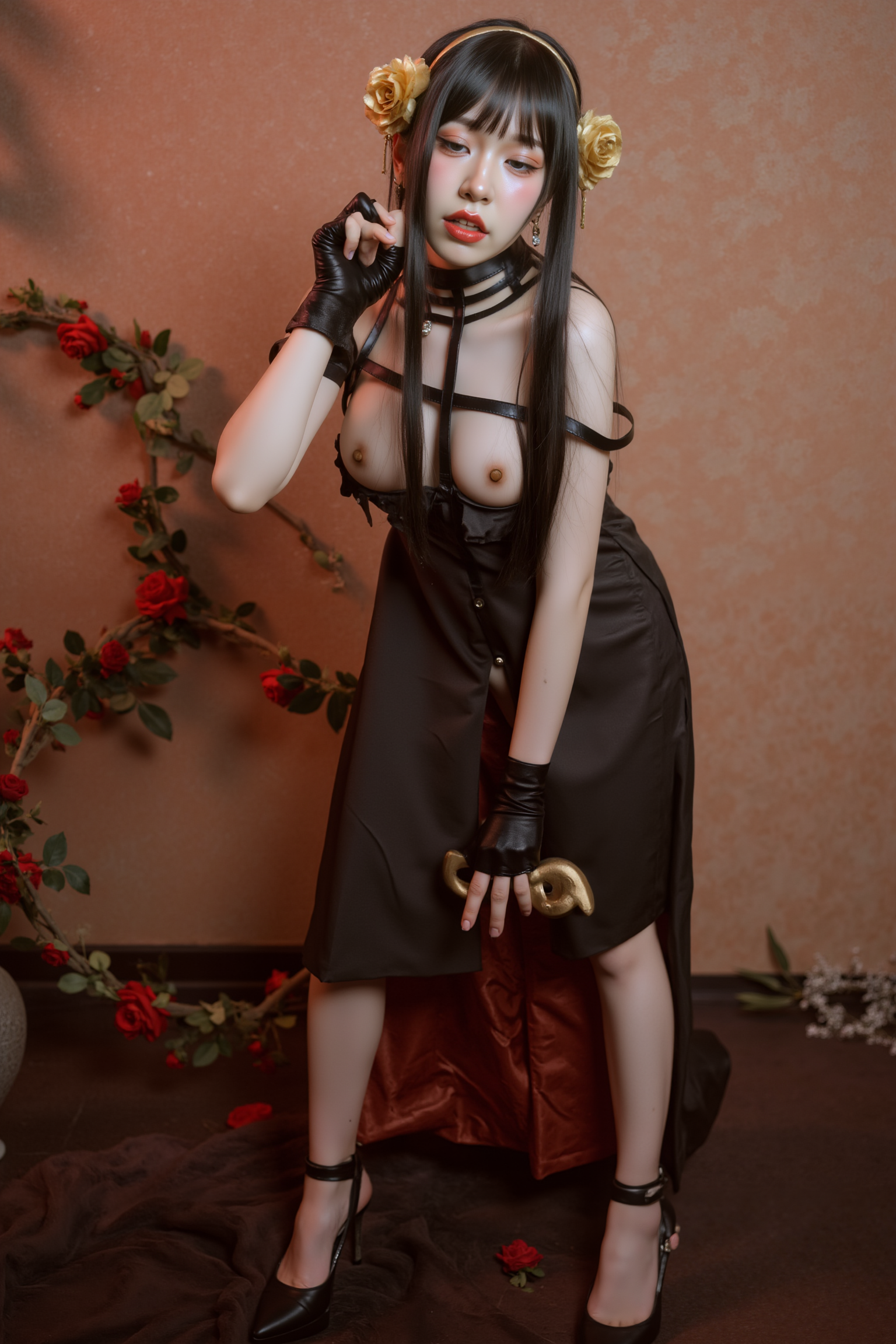 A professional, high-resolution image of a young woman is posed standing in a natural S-curve in the body silhouette. This classic posing technique creates visual interest and a sense of elegance.

She is wearing a black SGWN93Clothing. Her makeup is dramatic, with dark eyeliner and bold, glossy pink lips. 

The lighting features a high-contrast, monochromatic white color scheme that creates a moody, intimate atmosphere. 

The photography technique uses what appears to be soft lighting to create a glamorous effect, with careful attention to highlighting contours while maintaining the dominant light brown color scheme throughout the frame.

The overall aesthetic combines elements of fashion photography, traditional Asian visual motifs, and contemporary boudoir styling. The dramatic light brown lighting creates a cohesive visual theme that ties all elements of the composition together.

The white light emit on her to show her feature.