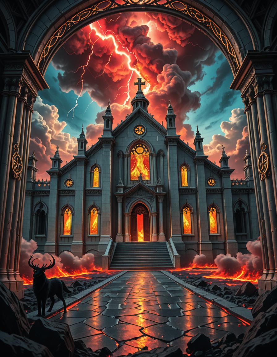 A once-majestic celestial temple, now under siege by the forces of Hell. The grand white stone structure is cracked and scorched, its golden crosses twisted and broken. The stained-glass windows, once glowing with warm divine light, are now shattered, with demonic symbols glowing ominously in their place. The sky, once a serene blue, is now consumed by dark storm clouds, swirling with red lightning and thick smoke.
Black, jagged chains extend from the sky, wrapping around the temple as if trying to pull it down into the abyss. The once-fluffy clouds beneath the structure are now a chaotic mix of fire, ash, and dark mist, with glimpses of molten lava cracks below. Infernal creatures with glowing red eyes lurk in the shadows, their silhouettes barely visible through the smoke and fire.
The temple doors are blown open, revealing an eerie red glow emanating from within, as if Hell itself is consuming the sacred space. Massive demonic runes are etched into the stone, pulsating with an unholy energy. The entire scene is bathed in a deep crimson and orange glow, giving it an apocalyptic and nightmarish atmosphere.
Style & Lighting:
- Dark fantasy, highly detailed
- Dramatic, high-contrast lighting with fiery glows
- Cinematic composition, epic scale
- Strong use of shadows, embers, and atmospheric foghighly detailed and atmospheric view from inside a massive birdcage, large enough for a human to stand inside. The cage is made of ornate, aged metal bars with intricate Victorian-style patterns, curving elegantly towards the domed ceiling. Sunlight filters through the gaps between the bars, casting long, dramatic shadows on the wooden floor. Delicate vines and small flowers have begun to grow around the bars, adding a touch of nature reclaiming the space. The background beyond the cage is blurred, hinting at a lush garden or a mysterious, abandoned mansion. The ambiance is serene yet slightly melancholic, with warm golden light illuminating dust particles floating in the air. Soft feathers are scattered on the floor, adding to the sense of quiet abandonment. The perspective makes the viewer feel as if they are inside the cage, looking outward, surrounded by both beauty and confinement. The style is highly detailed and realistic, with a cinematic and slightly surreal atmosphere.
<lora:SDXLFaeTastic2400:0.4> <lora:extremely_detailed:0.4> extremely detailed, <lora:evil_celestial_t3mpl3-i:1>,evil celestial t3mpl3, Masterpiece,best quality,hi res,8k,hi res,8k,award winning,(sharp focus, intricate, highly detailed),