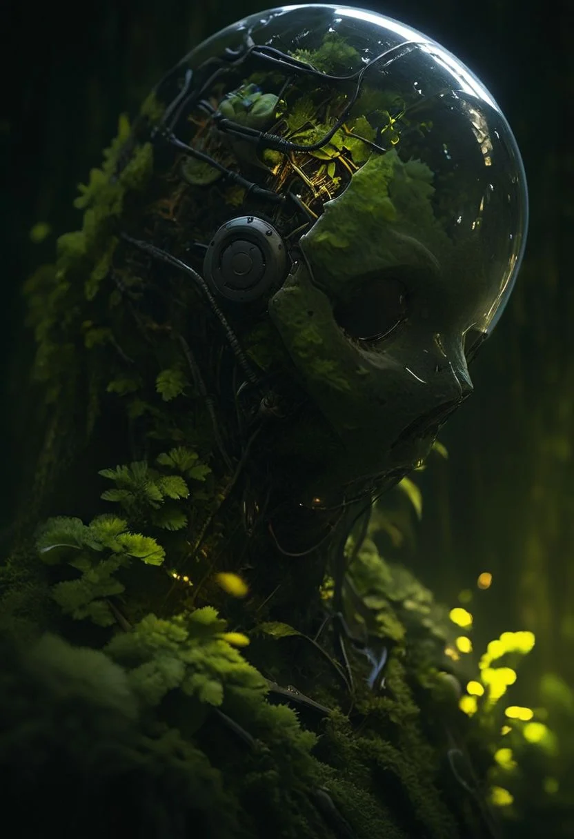 A beautiful mystic morning forest scene, a closeup Silhouette of a wired-cyborg half Robot Face made of technical parts with a head Like a Misty Green House, cyberpunk, with billowing Long cables, blooming translucent dark-amber flowers with Shadow giving huge Green leafs and wires coming from the crown of an old mossy oak tree with large root, kneeling in infront of the atmospheric forest light with dense veil of light and flying particles, mushrooms, crepuscular rays, volumetric lighting, ultra detailed, deep Blacks, very detailed, atmospheric haze, Film grain, cinematic film still, shallow depth of field, highly detailed, high budget, cinemascope, moody, epic, OverallDetail, 2000s vintage RAW photo, photorealistic, candid camera, color graded cinematic, eye catchlights, atmospheric lighting, imperfections, natural, shallow dof