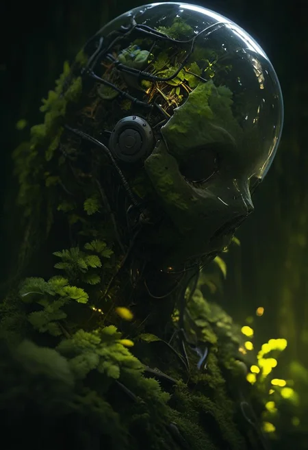 A beautiful mystic morning forest scene, a closeup Silhouette of a wired-cyborg half Robot Face made of technical parts with a head Like a Misty Green House, cyberpunk, with billowing Long cables, blooming translucent dark-amber flowers with Shadow giving huge Green leafs and wires coming from the crown of an old mossy oak tree with large root, kneeling in infront of the atmospheric forest light with dense veil of light and flying particles, mushrooms, crepuscular rays, volumetric lighting, ultra detailed, deep Blacks, very detailed, atmospheric haze, Film grain, cinematic film still, shallow depth of field, highly detailed, high budget, cinemascope, moody, epic, OverallDetail, 2000s vintage RAW photo, photorealistic, candid camera, color graded cinematic, eye catchlights, atmospheric lighting, imperfections, natural, shallow dof