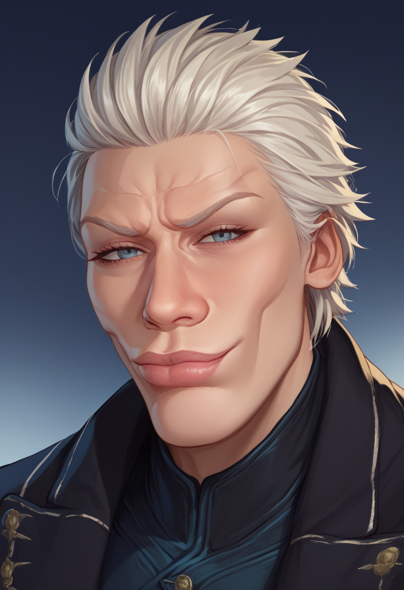 score_9, score_8_up, score_7_up, source_anime, SkylerWhiteYo, closed mouth, smile, <lora:KzyGuyMeme:1>,  <lora:dmc5_vergil_ponyXL:1> dmc5vergil, black coat,