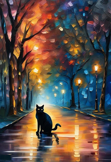 Masterpiece mix of paper quilling, layered paper and painting in the style of Leonid Afremov. Highly detailed illustration of a black cat wandering in an empty modern street at night, devoid of any human presence.