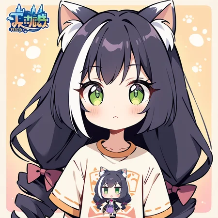 masterpiece, best quality, very aesthetic, absurdres
1girl, karyl \(princess connect!\), animal ears, cat ears, cat girl, multicolored hair, black hair, streaked hair, long hair, animal ear fluff, green eyes, white hair, chibi
<lora:stampsticker:1>, (simple retro design, logo, manga style, 2tone)