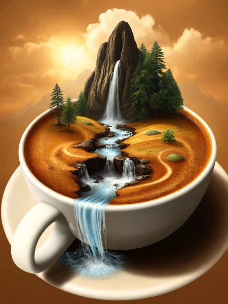 fluxlatte, a landscape with a waterfall in a cup of coffee