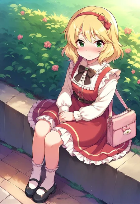 score_9, score_8_up, score_7_up, score_6_up, score_5_up, score_4_up,sakurai momoka, blonde hair, green eyes, short hair, solo focus, dress, hairband, bag, shoes, sitting, blush, mary janes, socks, red dress, bow, frills