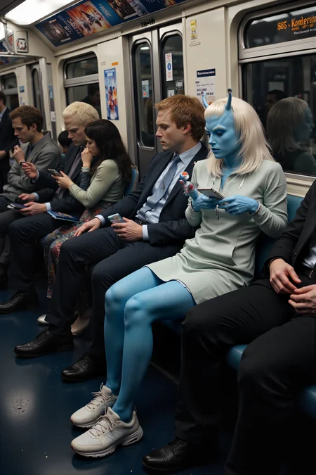 An Andorian woman with icy blue skin and long, sleek white hair is sitting on a crowded subway, dressed in a casual hoodie, leggings, and sneakers. Her antennae perk up as she nervously glances at the smartphone in her hands, trying to figure out how to use the map app for her stop. The passengers around her barely seem to notice, engrossed in their own screens, though a child sitting across from her stares in wide-eyed fascination at her antennae. A businessman standing nearby accidentally bumps into her, causing her antennae to twitch in surprise, but she manages a polite smile. The subway car rattles and shakes as it speeds through the underground tunnels, its dull lights casting a flickering glow on the metallic walls. Posters for local events and concerts are plastered across the car, while the mechanical voice overhead announces upcoming stops. She looks out the window, but her reflectionâblue skin and allâjust stares back at her, adding to her confusion. It's a quiet moment of cultural disconnect as an Andorian navigates the mundane reality of modern city life.<lora:midjourney_whisper_flux_lora_v01:0.55><lora:aidmaMJ6.1-FLUX-V0.1:0.4><lora:FluxMythP0rtr4itStyle:0.4><lora:detailed_flux_ntc:2.2><lora:aidmaImageUpgrader-FLUX-V0.1:0.65><lora:andorian_FLUX>