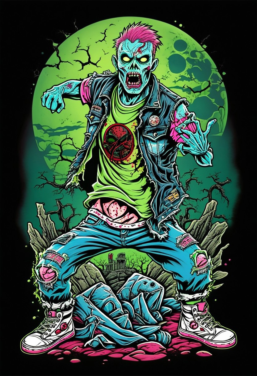 t-shirt_design, full body artwork features a sleek, male zombie with messy pink and blue hair, wearing a black denim vest covered in band patches, a lime green t-shirt underneath, faded black jeans with rips in the knees, he is positioned in a High kick Karate style mid action pose, with his kicking leg and foot coming directly towards centre point of view, The sole of the shoe is foreground without covering the zombie face. the background hauntingly bright sky and big pale moon fading into black before reaching the border limits of the image enhancing the ominous graveyard atmosphere of the design. the border edge limitations of 12x17 inch dimension. entire image <Tales_from_the_crypt>, 90s cartoon comic, <comic_illustration>