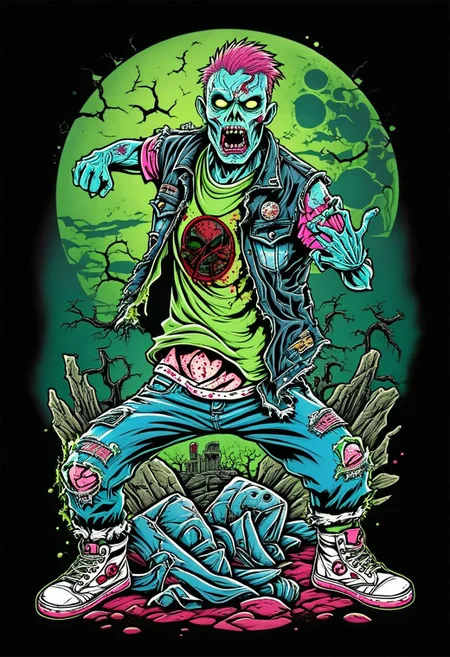 t-shirt_design, full body artwork features a sleek, male zombie with messy pink and blue hair, wearing a black denim vest covered in band patches, a lime green t-shirt underneath, faded black jeans with rips in the knees, he is positioned in a High kick Karate style mid action pose, with his kicking leg and foot coming directly towards centre point of view, The sole of the shoe is foreground without covering the zombie face. the background hauntingly bright sky and big pale moon fading into black before reaching the border limits of the image enhancing the ominous graveyard atmosphere of the design. the border edge limitations of 12x17 inch dimension. entire image <Tales_from_the_crypt>, 90s cartoon comic, <comic_illustration>