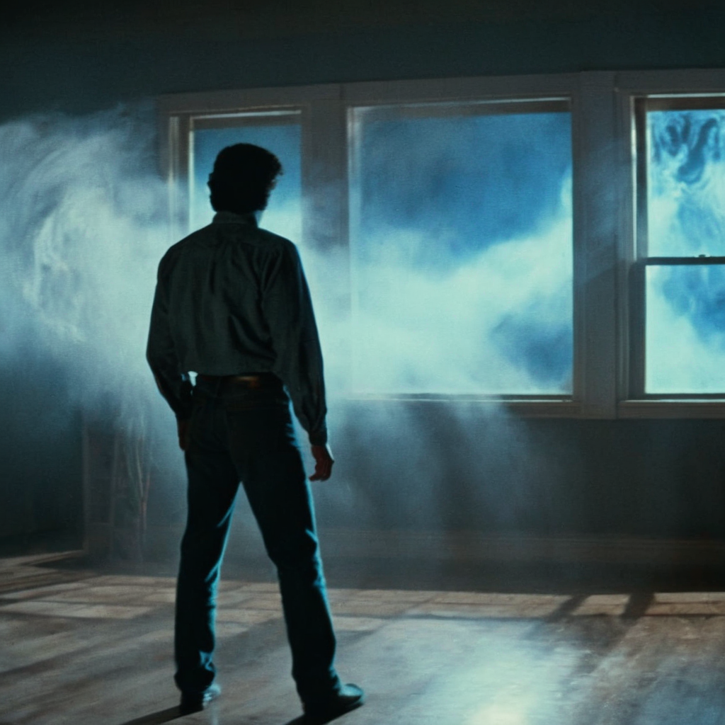 Horror-themed,  <lora:Fright Night 1985 Film Style:1>
Cinematic Medium full Shot Film Footage captured by Panavision Cameras and Lenses, Charley Brewster a man in a shirt and jeans is standing in front of an open window with heavy blowing wind in a room with blue white light on, Fright Night 1985 Film Style, Eerie, unsettling, dark, spooky, suspenseful, grim, highly detailed