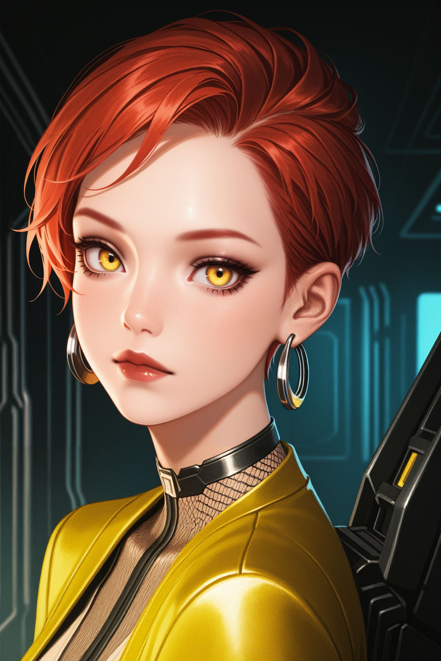 masterpiece, best quality, absurdres,
<lora:ILCyberAurore:0.8>
CyberAurore, 1girl, red hair, short hair, yellow eyes, loop earrings, looking at viewer, portrait