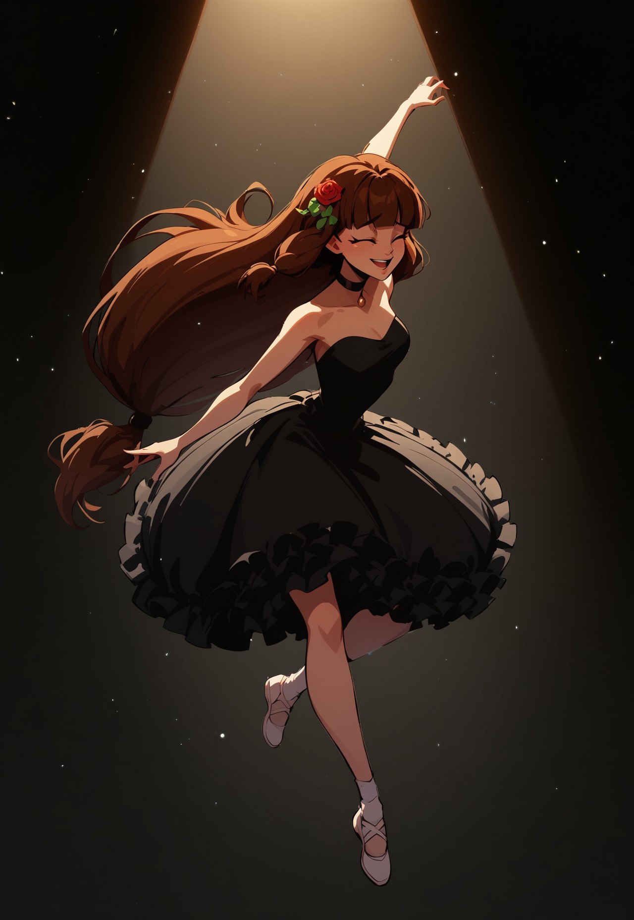 safe_pos, Blend_in, black background, score_9, score_8_up, score_7_up, masterpiece, best quality, absurdres, highly detailed, (high contrast, spotlight), (from above:0.6), (suspended dust particles:1.2), mature, stunning, 
BREAK 
1girl, solo, imtdlilaross, long hair, low-tied long hair, green eyes, blunt bangs, brown hair, rose (flower) hair ornament, hair tubes, (thin black choker:1.4), strapless ballerina attire, bell tutu, pitch black clothes, (white ballerina pointes), arabesque, dynamic pose, open legs, stage performance, smile, closed eyes
