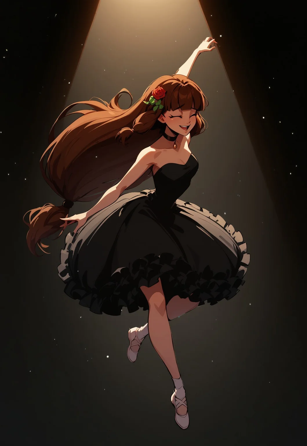safe_pos, Blend_in, black background, score_9, score_8_up, score_7_up, masterpiece, best quality, absurdres, highly detailed, (high contrast, spotlight), (from above:0.6), (suspended dust particles:1.2), mature, stunning,
BREAK
1girl, solo, imtdlilaross, long hair, low-tied long hair, green eyes, blunt bangs, brown hair, rose (flower) hair ornament, hair tubes, (thin black choker:1.4), strapless ballerina attire, bell tutu, pitch black clothes, (white ballerina pointes), arabesque, dynamic pose, open legs, stage performance, smile, closed eyes