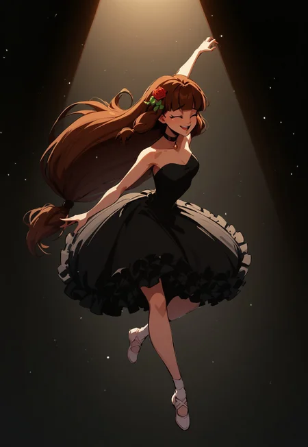 safe_pos, Blend_in, black background, score_9, score_8_up, score_7_up, masterpiece, best quality, absurdres, highly detailed, (high contrast, spotlight), (from above:0.6), (suspended dust particles:1.2), mature, stunning, 
BREAK 
1girl, solo, imtdlilaross, long hair, low-tied long hair, green eyes, blunt bangs, brown hair, rose (flower) hair ornament, hair tubes, (thin black choker:1.4), strapless ballerina attire, bell tutu, pitch black clothes, (white ballerina pointes), arabesque, dynamic pose, open legs, stage performance, smile, closed eyes