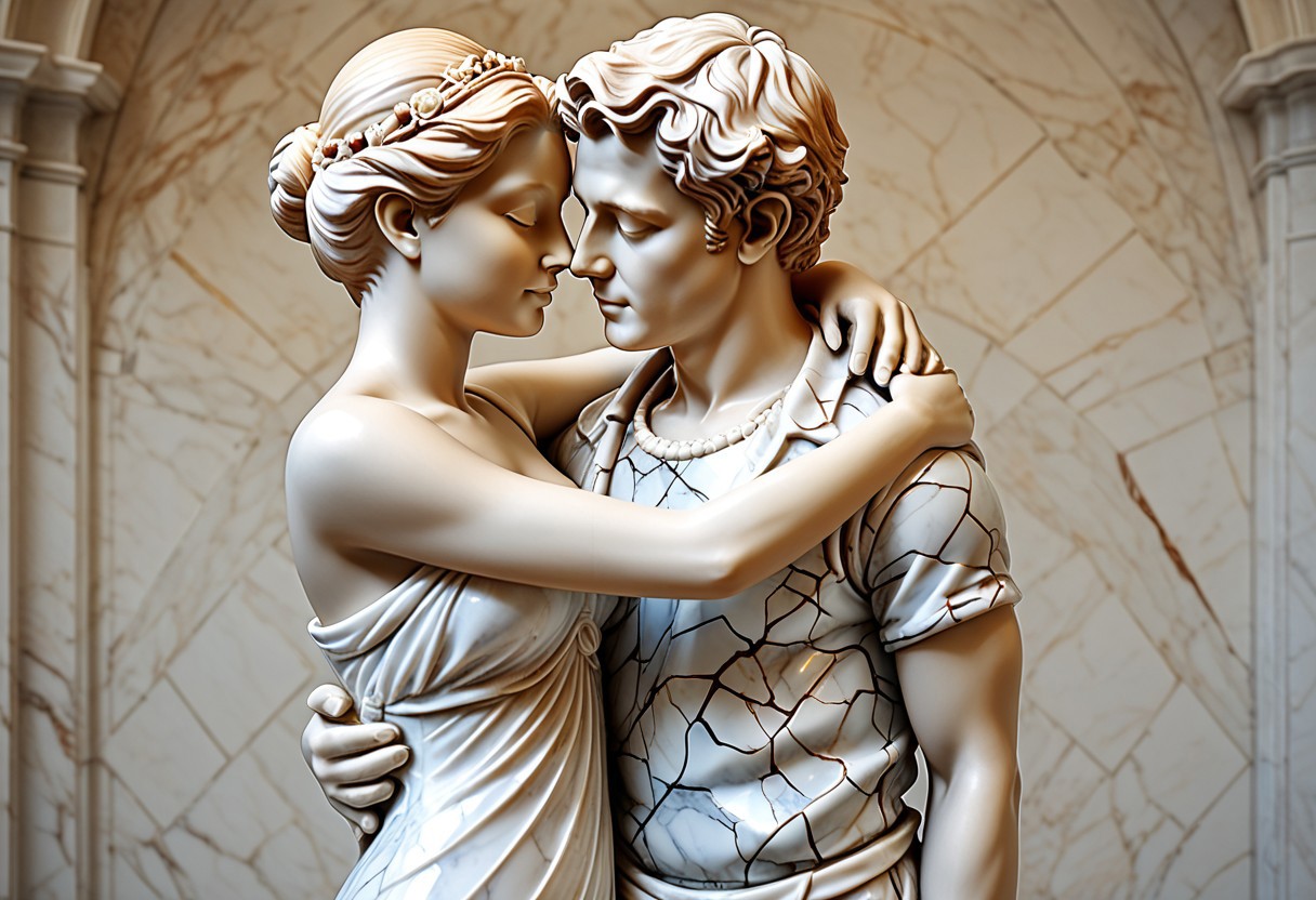 lazypos, made of marbles, realistic skin tones, bright marble clothing ,rating pg, high quality,masterpiece,high quality,masterpiece,absurd resolution,made of Marble, Marbles bead,statue , couple embracing