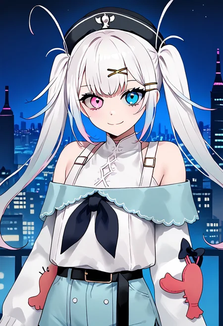 1girl, solo, solo focus, highres, absurdres, Retsubol, twintails, hair ornament, long hair, blue eyes, white hair, heterochromia, bangs, hair clip, pink eyes, multicolored hair, pink hair,
hat, black headwear,
off shoulder, bare shoulders, blue shorts, white shirt, long sleeves, bow, black belt, upper body, flat chest, black neckerchief,
looking at viewer, smile, head tilt, holding own arm,
cityscape, night, night sky, dark, backlighting, silhouette,