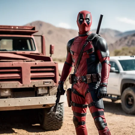 cinematic film still of  <lora:Desert Eagle:1.2>
a deadpool man standing next to a truck with two_guns Desert Eagle pistol, shallow depth of field, vignette, highly detailed, high budget, bokeh, cinemascope, moody, epic, gorgeous, film grain, grainy