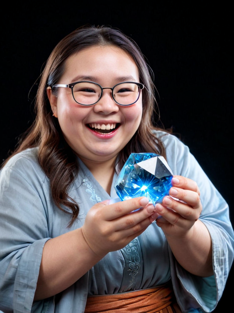 indoors. happy laughing solo plump cute chinese nerd sorcereress female focus , older, holding a glowing blue magic  crystal, dark black background
 <lora:Natural_Bodies-v1e4:0.75>