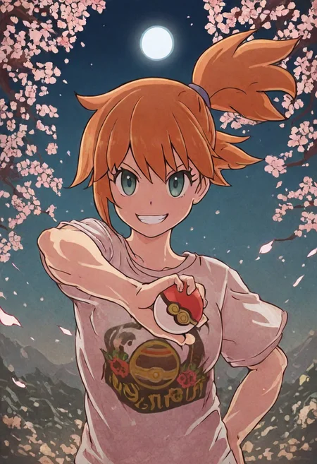 handsome, masterpiece, best quality, extremely detailed face, perfect lighting, 1girl, solo, <lora:akari_t-shirt_illus-000050:0.5> , akari \(pokemon\), portrait, smile, grin Holding Pokeball, <lora:traditional_japanese_art_illustriousXL-000031:1>, traditional japanese art, action pose, masterpiece, highres, black and misty blue moonlight with cherry blossoms, background