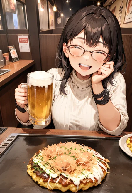 masterpiece, best quality, very aesthetic, absurdres,
1girl, solo, glasses, black hair, long hair, white ribbed sweater, happy, smile, looking at viewer, closed eyes, open mouth, solo focus, sitting, pov across table, holding beer mug,
okonomiyaki, Teppan, food, indoors, restaurant, kote, wooden table
<lora:okonomiyaki_SDXL_V1:0.8>